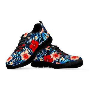 Turquoise Leaves Hibiscus Pattern Print Black Running Shoes