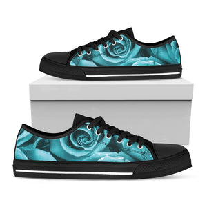 Turquoise Rose Flower Print Black Low Top Sneakers