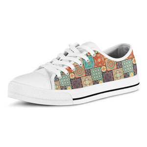 Vintage Floral Patchwork Pattern Print White Low Top Sneakers