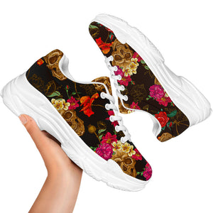 Vintage Flowers Skull Pattern Print White Chunky Shoes