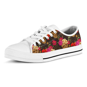 Vintage Flowers Skull Pattern Print White Low Top Sneakers