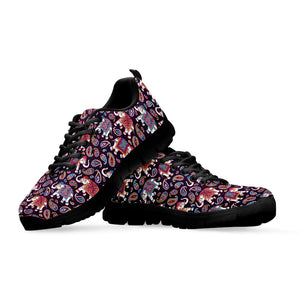 Vintage Indian Elephant Pattern Print Black Running Shoes
