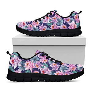 Vintage Lotus Flower Print Black Running Shoes