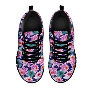 Vintage Lotus Flower Print Black Running Shoes