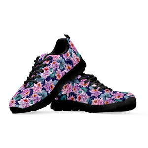 Vintage Lotus Flower Print Black Running Shoes