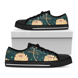 Vintage Lotus Pattern Print Black Low Top Sneakers
