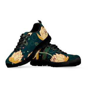 Vintage Lotus Pattern Print Black Running Shoes