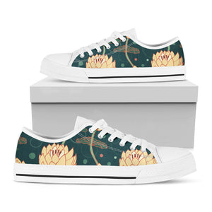 Vintage Lotus Pattern Print White Low Top Sneakers