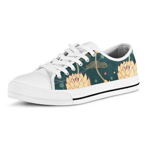 Vintage Lotus Pattern Print White Low Top Sneakers