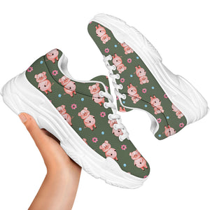 Vintage Pink Pig Pattern Print White Chunky Shoes