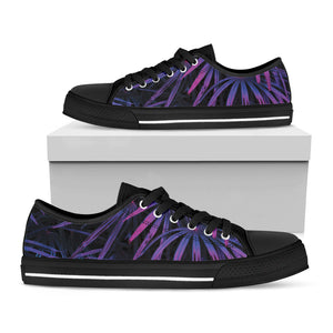 Violet Tropical Leaves Print Black Low Top Sneakers