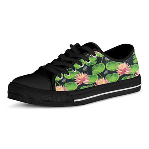 Water Lily Flower Pattern Print Black Low Top Sneakers