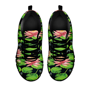 Water Lily Flower Pattern Print Black Running Shoes