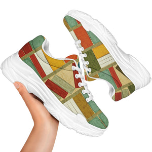 Watercolor Bookshelf Pattern Print White Chunky Shoes