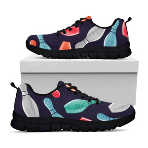 Watercolor Bowling Pins Pattern Print Black Running Shoes