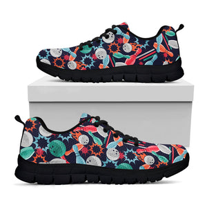 Watercolor Bowling Theme Pattern Print Black Running Shoes