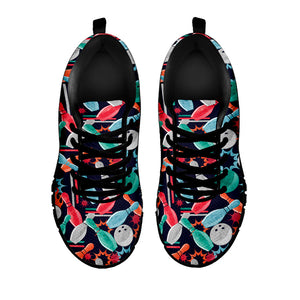 Watercolor Bowling Theme Pattern Print Black Running Shoes