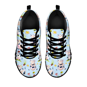 Watercolor Cartoon Cow Pattern Print Black Running Shoes