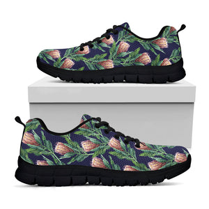 Watercolor Protea Pattern Print Black Running Shoes