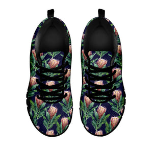 Watercolor Protea Pattern Print Black Running Shoes