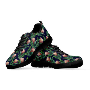 Watercolor Protea Pattern Print Black Running Shoes