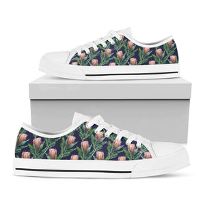 Watercolor Protea Pattern Print White Low Top Sneakers