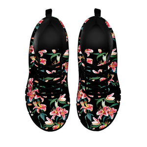 Watercolor Tropical Lily Pattern Print Black Running Shoes