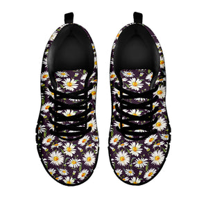 Watercolor White Daisy Pattern Print Black Running Shoes