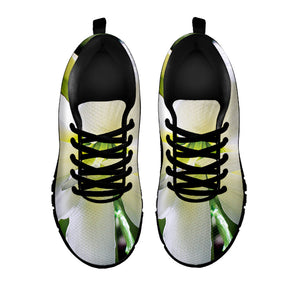 White Amaryllis Print Black Running Shoes