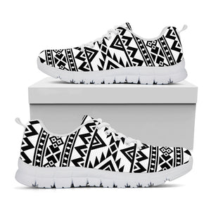 White And Black Aztec Pattern Print White Running Shoes