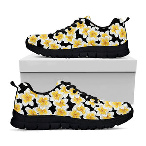 White And Black Frangipani Pattern Print Black Running Shoes