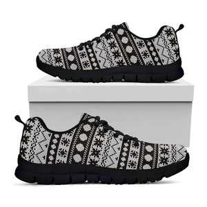 White And Black Knitted Pattern Print Black Running Shoes