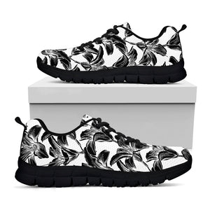 White And Black Lily Pattern Print Black Running Shoes