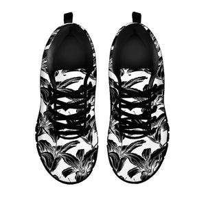White And Black Lily Pattern Print Black Running Shoes