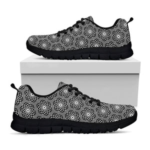 White And Black Lotus Pattern Print Black Running Shoes