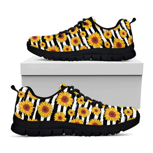 White And Black Stripe Sunflower Print Black Running Shoes