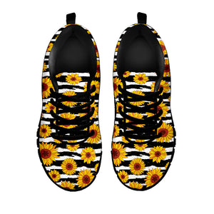 White And Black Stripe Sunflower Print Black Running Shoes