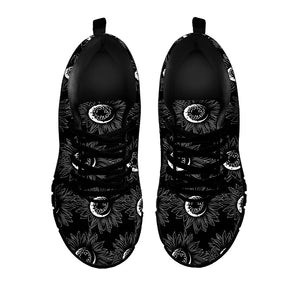 White And Black Sunflower Pattern Print Black Running Shoes
