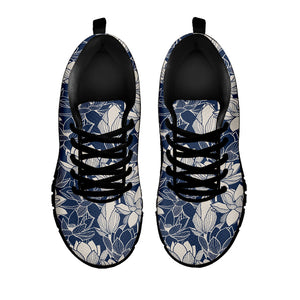White And Blue Lotus Flower Print Black Running Shoes