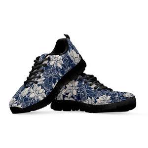 White And Blue Lotus Flower Print Black Running Shoes