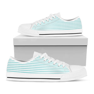 White And Cyan Striped Pattern Print White Low Top Sneakers