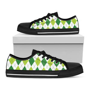 White And Green Argyle Pattern Print Black Low Top Sneakers