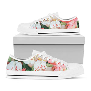White And Pink Alstroemeria Print White Low Top Sneakers