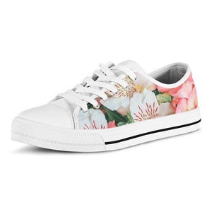 White And Pink Alstroemeria Print White Low Top Sneakers