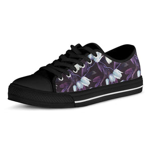 White And Purple Tulip Pattern Print Black Low Top Sneakers