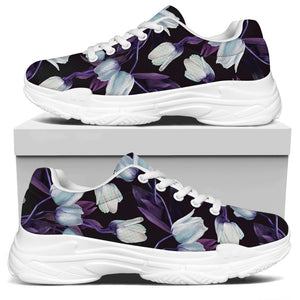 White And Purple Tulip Pattern Print White Chunky Shoes