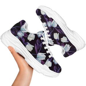 White And Purple Tulip Pattern Print White Chunky Shoes