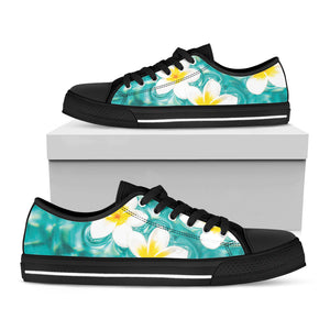 White And Yellow Plumeria In Water Print Black Low Top Sneakers