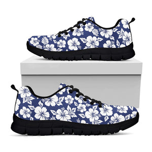 White Blue Hibiscus Floral Pattern Print Black Running Shoes