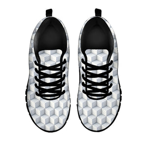 White Geometric Cube Shape Pattern Print Black Running Shoes